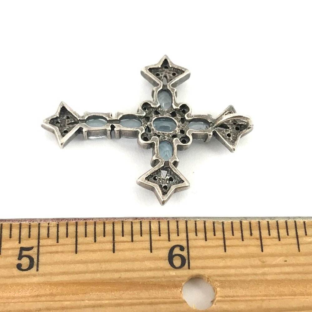 Sterling Silver 925 Aquamarine Marcasite Vintage Cross Pendant - Picture 2 of 2